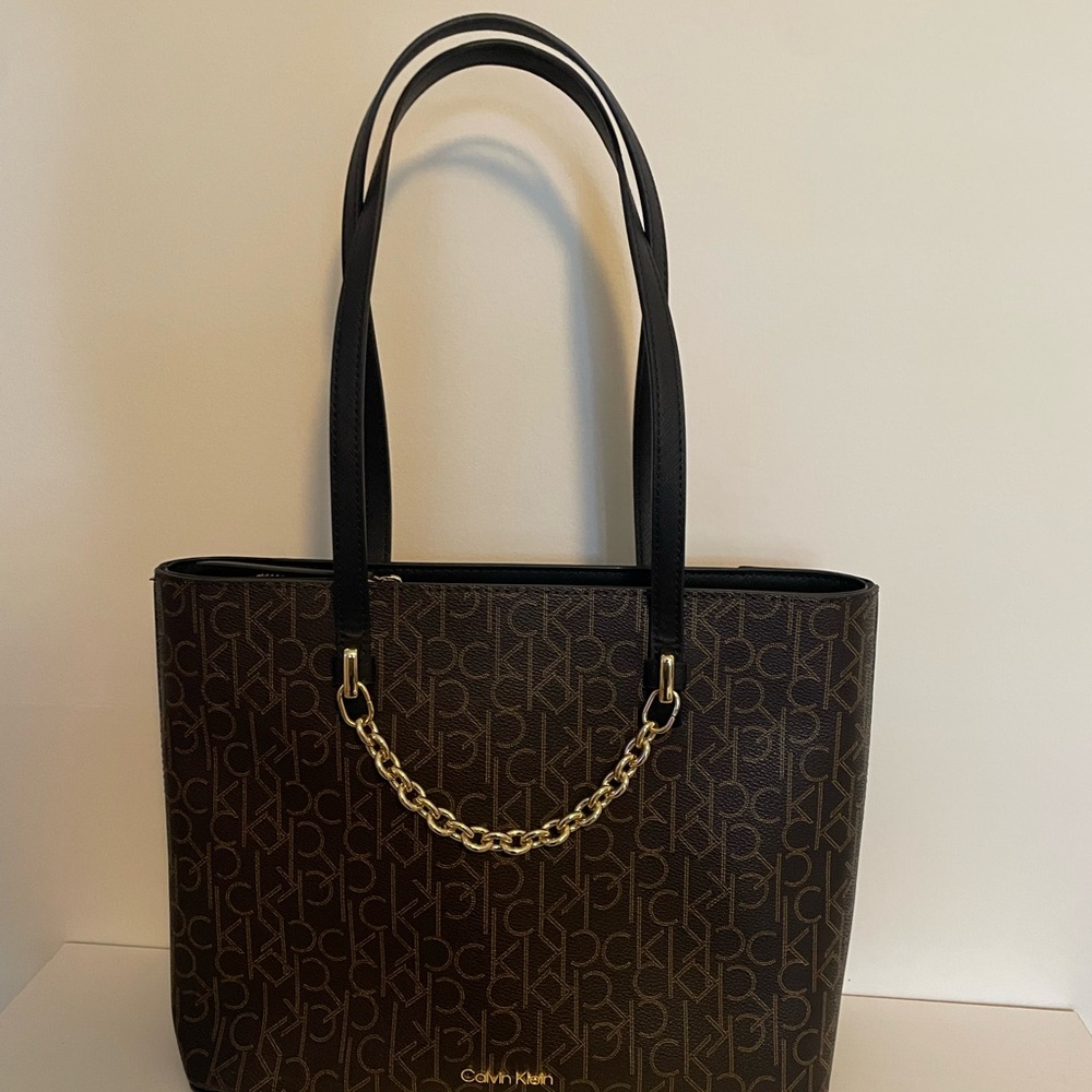 Calvin Klein Brown and Gold Chain Tote
